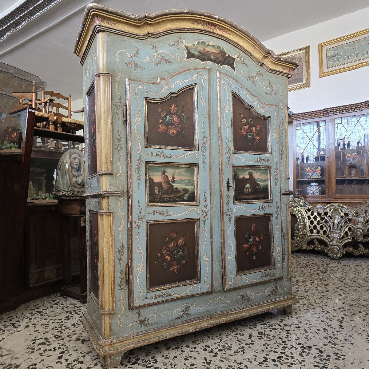 Antique 17th Century Painted Wooden Wardrobe With Painted Scenes