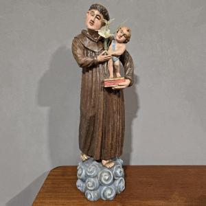 Ancient And Large Polychrome Carved Wooden Sculpture Depicting St. Anthony With Child On Cloud.