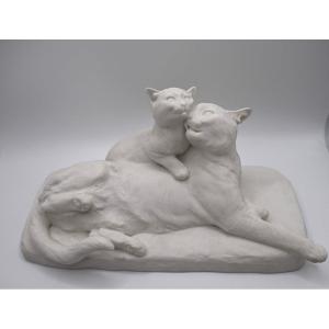 The Cat And Her Kitten, Sculpture In Sèvres Biscuit, 1905