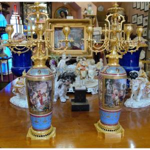 Pair Of Old Vienna Candlesticks / Vases - XIXth