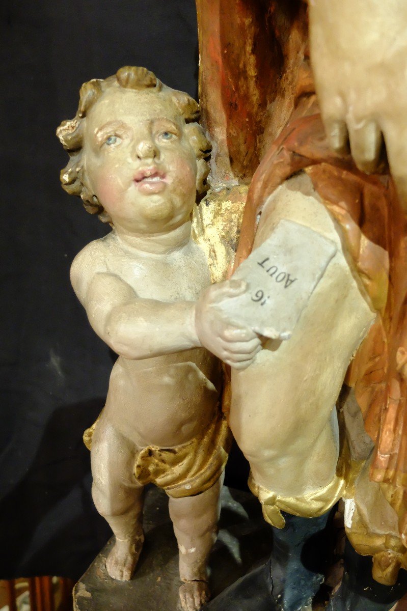 Poychrome Carved Wood Group Representing Saint Roch, The Child And The Dog. 18th Century Period-photo-3