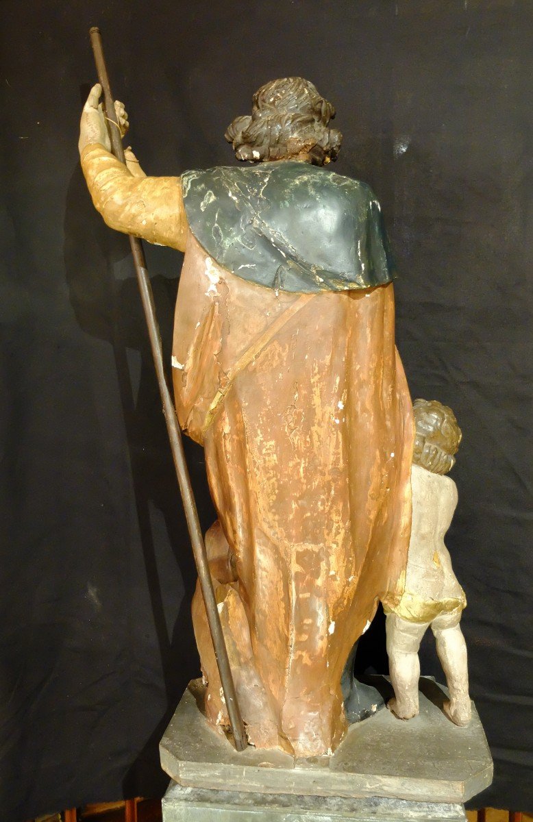 Poychrome Carved Wood Group Representing Saint Roch, The Child And The Dog. 18th Century Period-photo-4