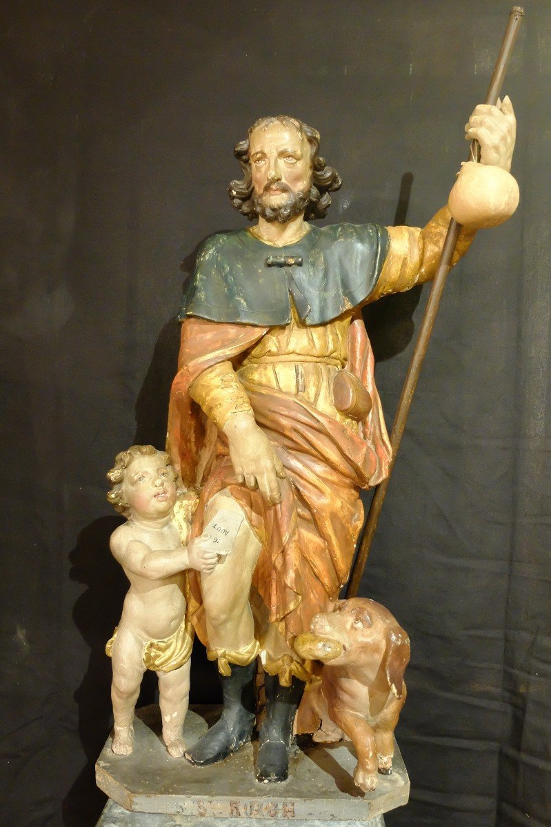 Poychrome Carved Wood Group Representing Saint Roch, The Child And The Dog. 18th Century Period