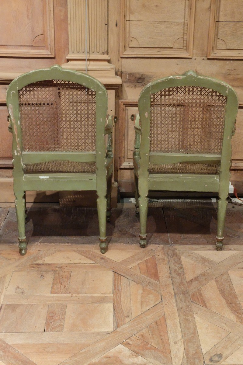 Pair Of Cane Armchairs In Gold Rechampi Lacquered Wood. Italy 18th Century Period.-photo-4