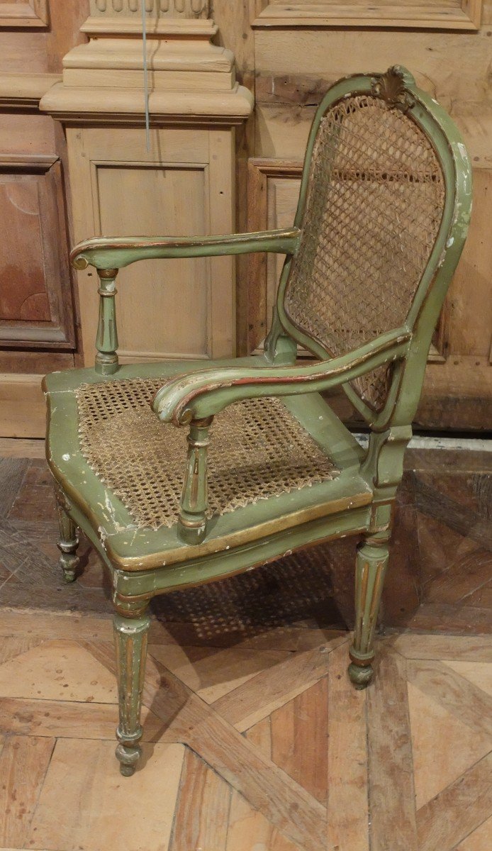 Pair Of Cane Armchairs In Gold Rechampi Lacquered Wood. Italy 18th Century Period.-photo-3