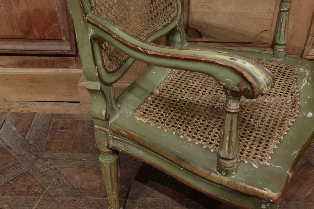 Pair Of Cane Armchairs In Gold Rechampi Lacquered Wood. Italy 18th Century Period.-photo-5