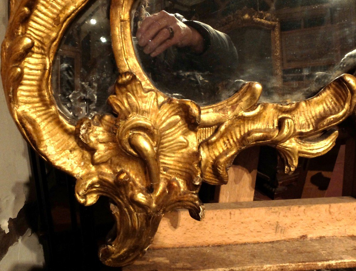 Beau Miroir En Bois Sculpté Et Doré à Parecloses. Midi De La France XVIIIème Siècle.-photo-5