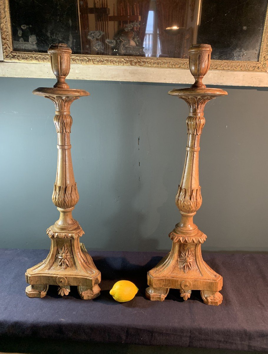 Pair Of Large And Elegant 18th Century Carved Oak Flambeaux Candlesticks