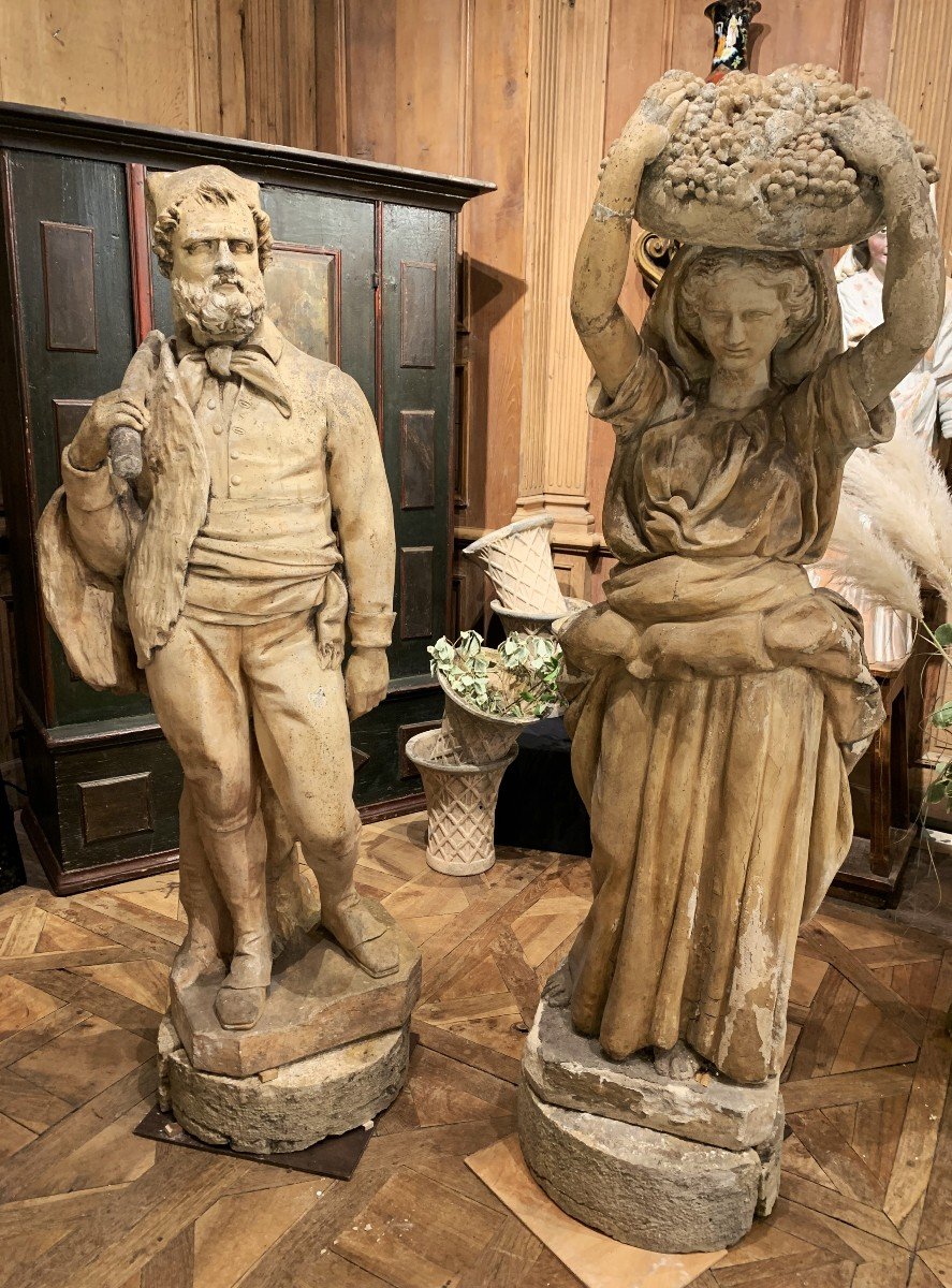 2 Sculpted Terracotta Statues: A Lumberjack And A Grape Harvester. Signed P Bellegarde Sculpt.