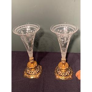 Pair Of Engraved Crystal Cone Vases And Cloisonne Foot. Napoleon III Period. Alfred Giroux