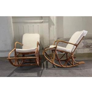 Pair Of Rocking Chairs, In Rattan, Early Twentieth