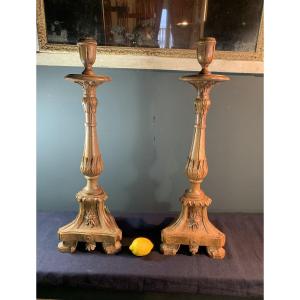 Pair Of Large And Elegant 18th Century Carved Oak Flambeaux Candlesticks