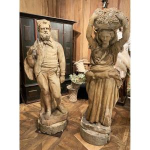 2 Sculpted Terracotta Statues: A Lumberjack And A Grape Harvester. Signed P Bellegarde Sculpt.