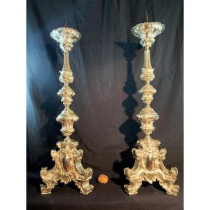 Large Pair Of Silver-plated Metal Candlesticks. Embossed Work. 18th Century Period.