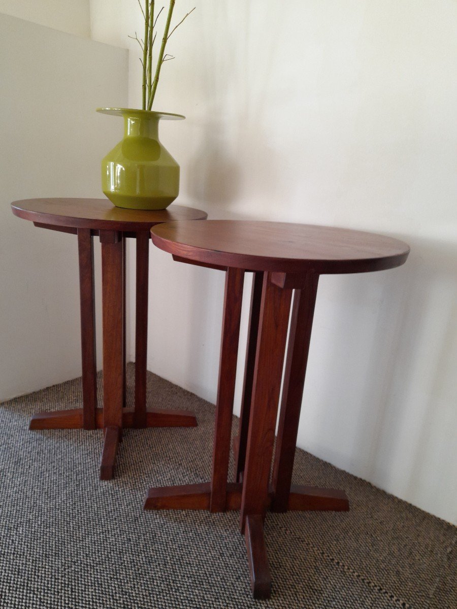 Pair Of Pedestal Tables In The Style Of Georges Nakashima-photo-2