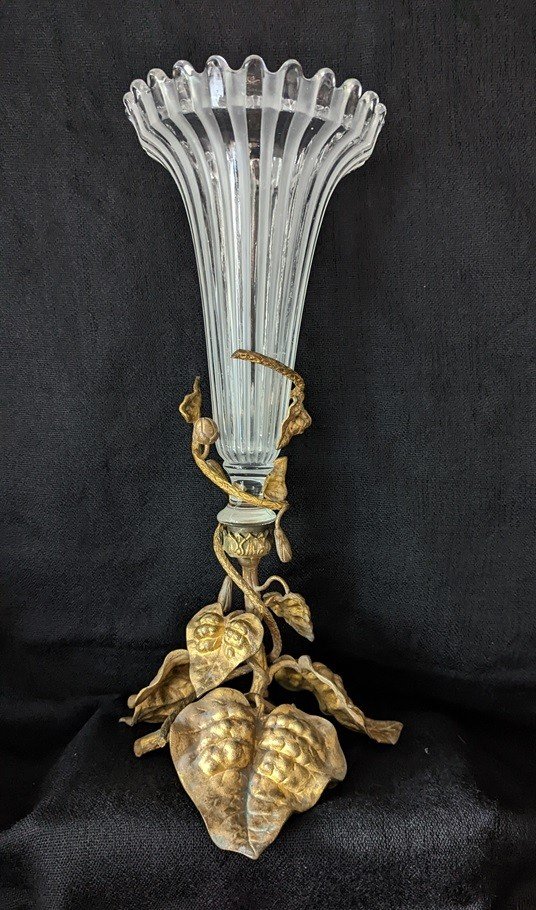 Grand Vase Cornet En Cristal Et Bronze-photo-2