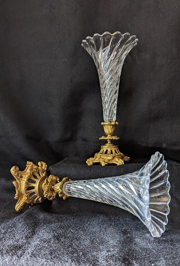 Pair Of Cornets In Molded Crystal And Gilt Bronze-photo-2