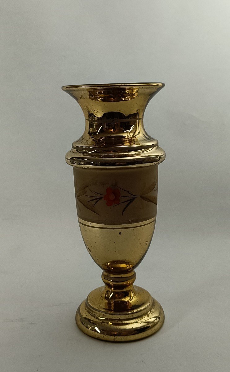 Gilded Eglomisé Glass Vase With Flower Decor_19th Century