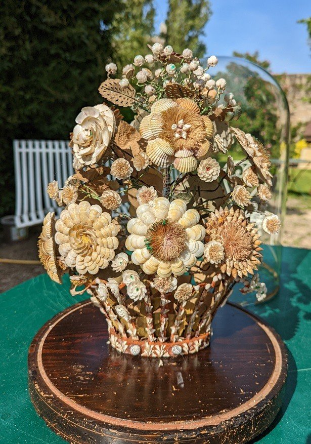 Beautiful Pair Of Large Bouquets In Shells Under Globe.-photo-2