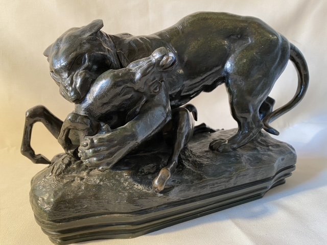 Bronze Signed By Barye. Panther Devouring An Antelope. Ref: 42