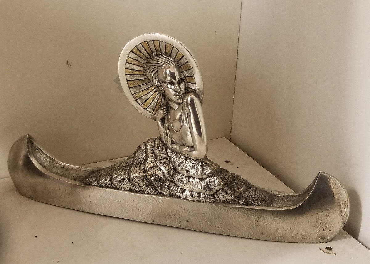 Silver Bronze Sculpture "woman On A Canoe" Signed Marie Louise Simard