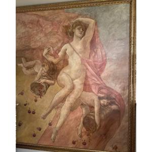 Large Art Nouveau Painting, Naked Woman And Children. Signed Karl Lotz. Ref: 76