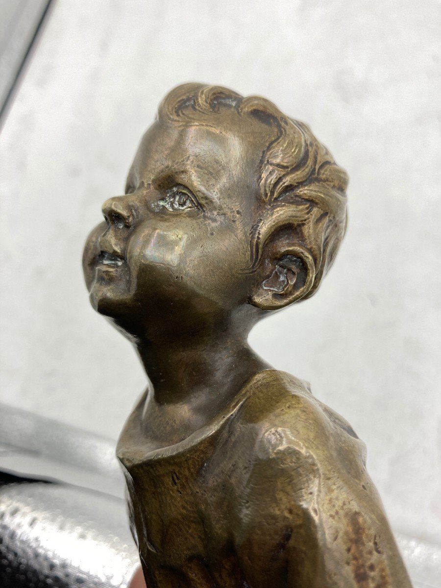 Bronze Sculpture Representing A Young Child, Entitled "good Evening" Signed Berga-photo-4