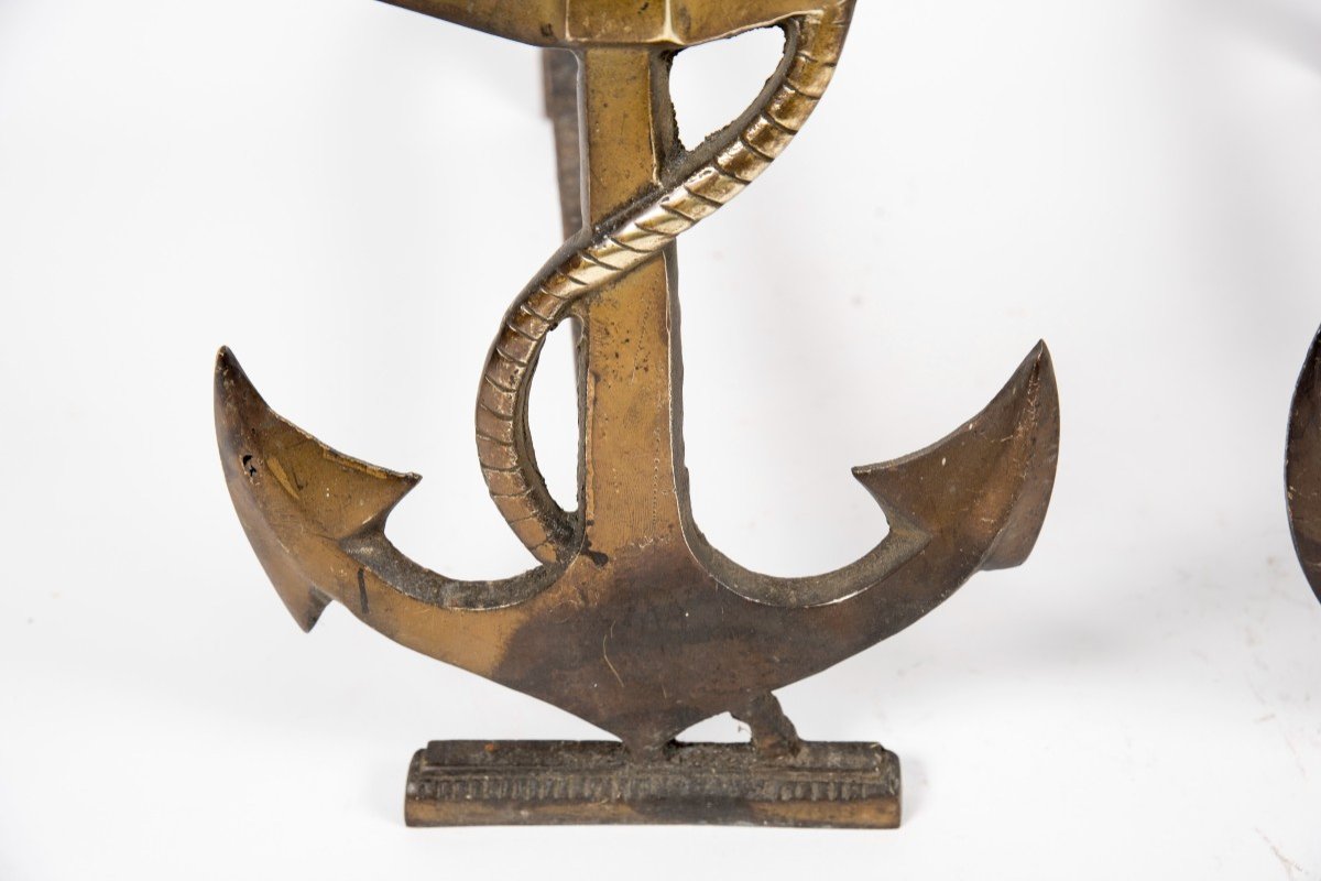 Pair Of Andirons In Bronze Representing An Anchor-photo-1