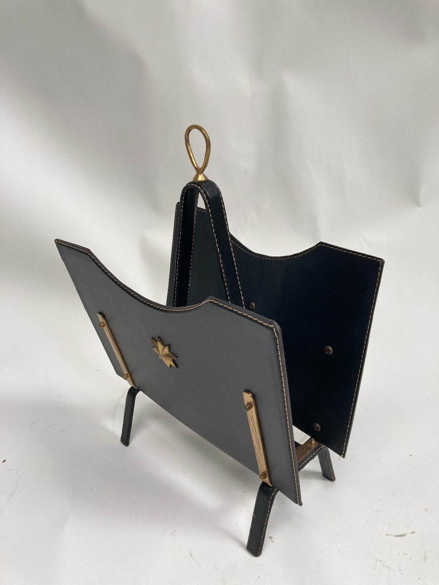 Saddle Stitched Leather Magazine Rack By Jacques Adnet-photo-3