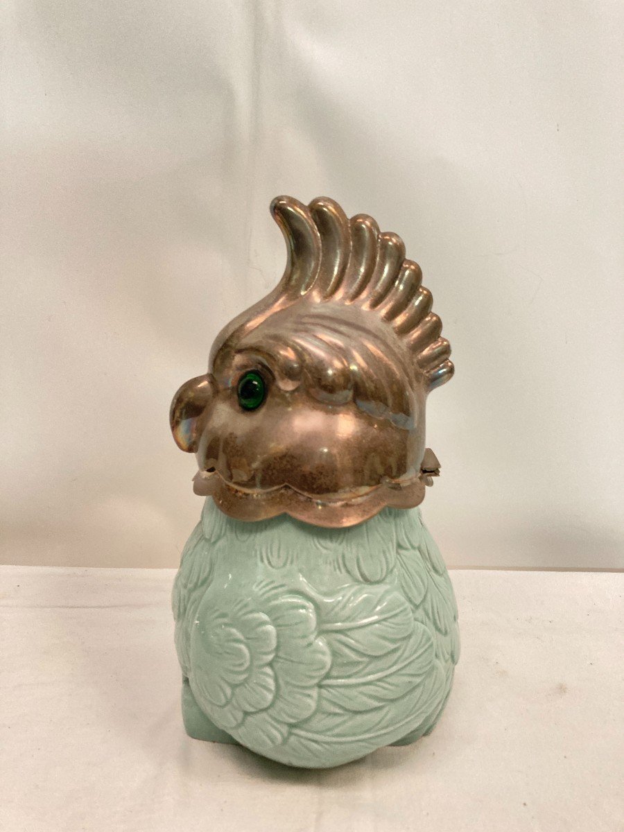 Covered Pot In Celadon Porcelain And Silver Metal Representing A Parrot-photo-3