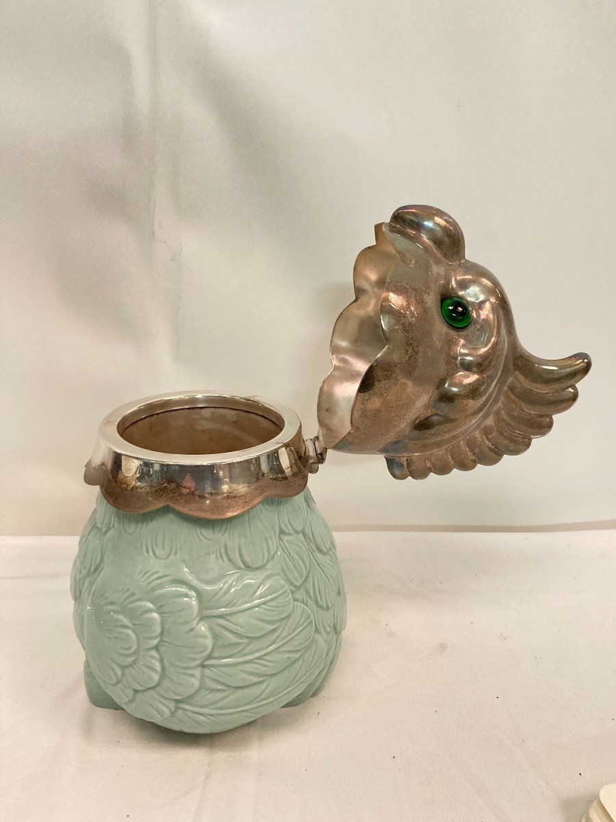 Covered Pot In Celadon Porcelain And Silver Metal Representing A Parrot-photo-1