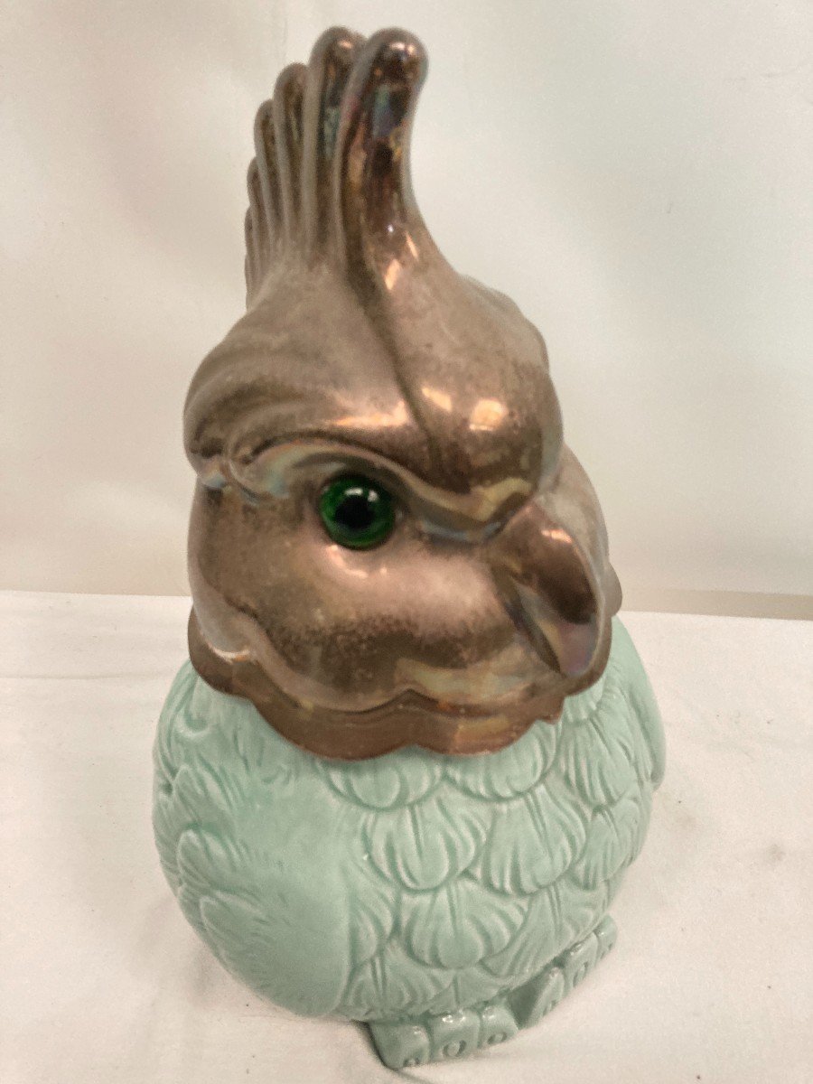 Covered Pot In Celadon Porcelain And Silver Metal Representing A Parrot-photo-3