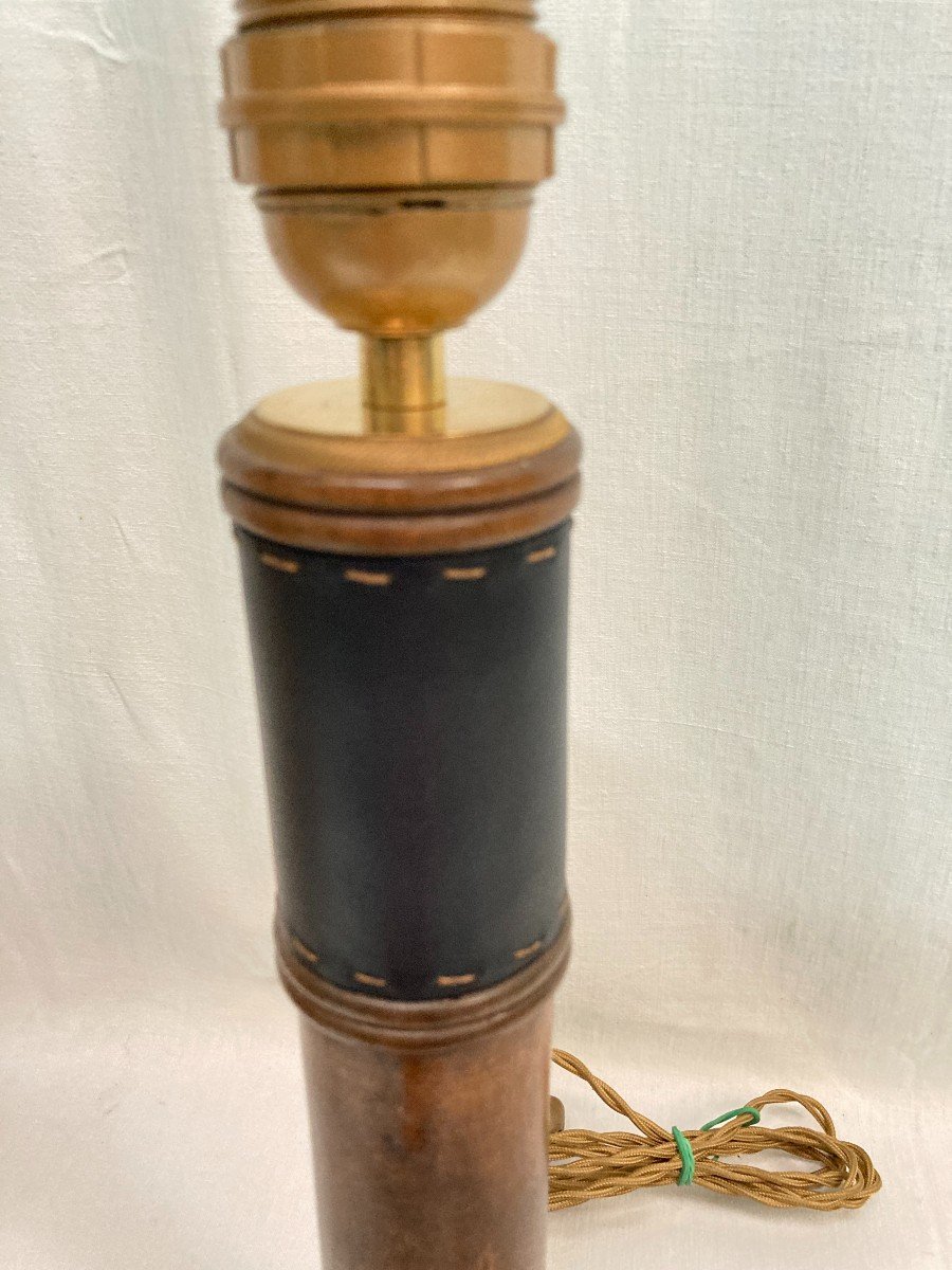 Lampe En Bois Et Cuir Piqué Sellier Par Jacques Adnet-photo-1