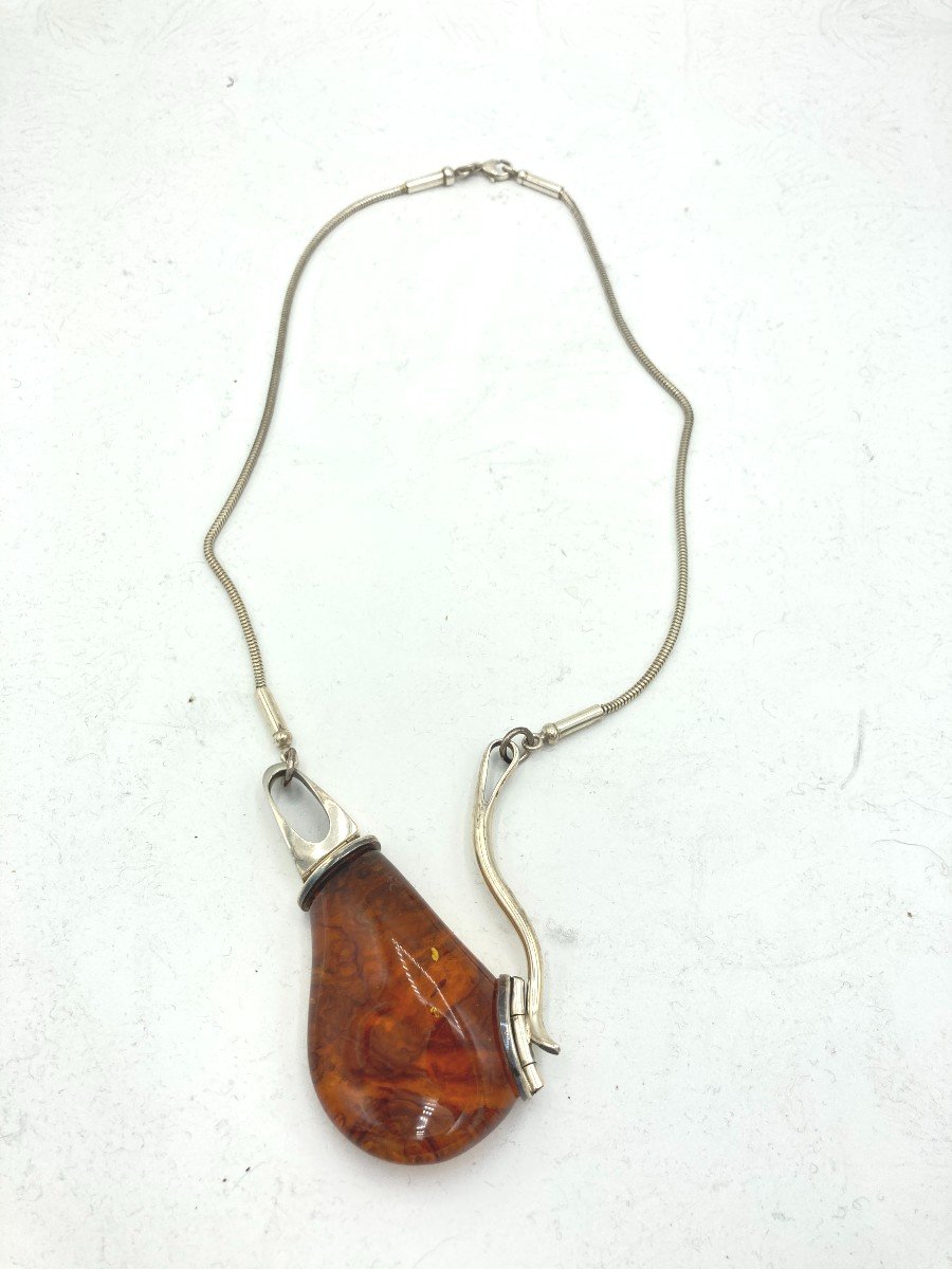 Designer Necklace In Silver And Amber 