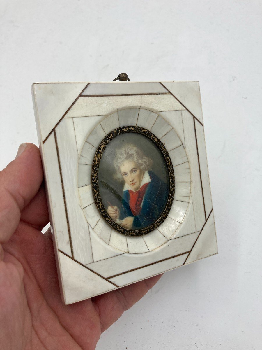 Miniature Portrait Of Ludwig Von Beethoven On Ivory In Ivory Frame-photo-2