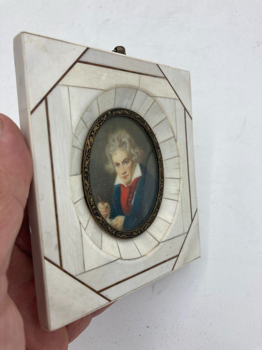 Miniature Portrait Of Ludwig Von Beethoven On Ivory In Ivory Frame-photo-3