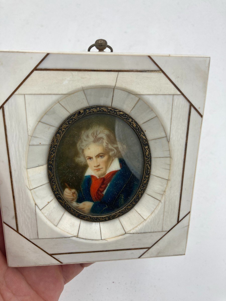 Miniature Portrait Of Ludwig Von Beethoven On Ivory In Ivory Frame