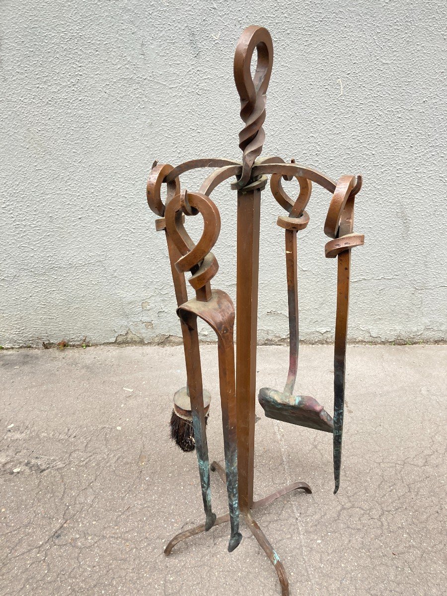 1900's Art And Craft Hammered Copper Fireplace Set-photo-4