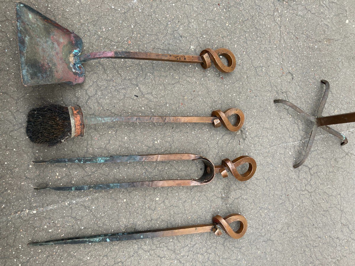 1900's Art And Craft Hammered Copper Fireplace Set-photo-1