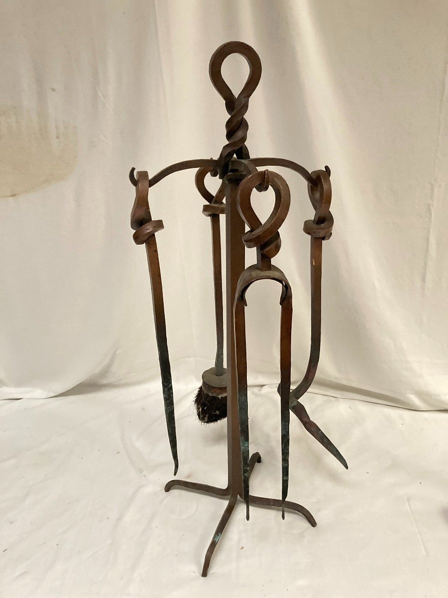 1900's Art And Craft Hammered Copper Fireplace Set-photo-5