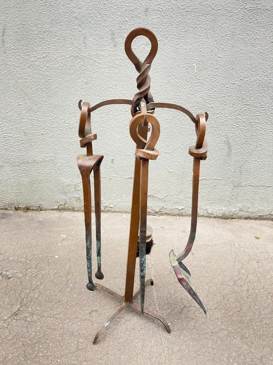 1900's Art And Craft Hammered Copper Fireplace Set