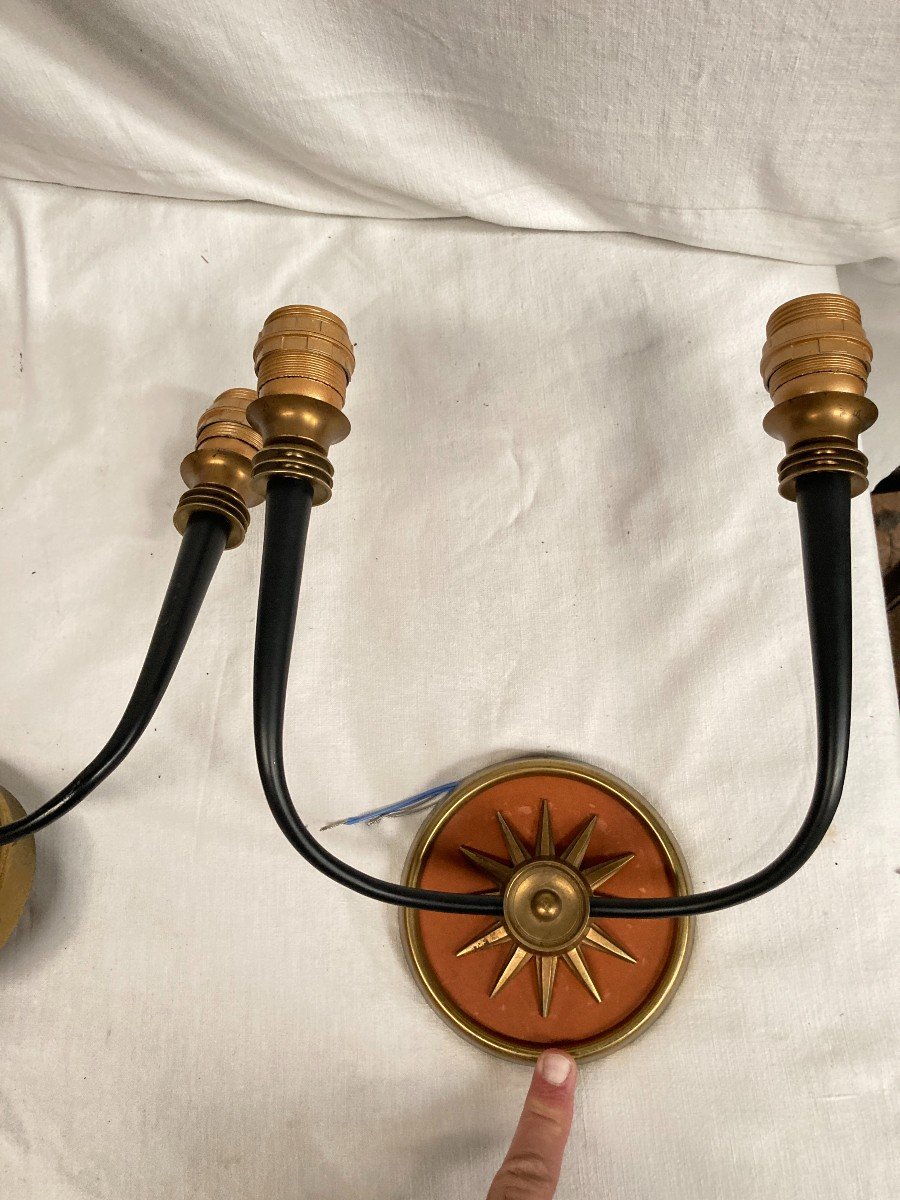 Pair Of Leather And Brass Wall Lights Attributed To André Arbus-photo-2