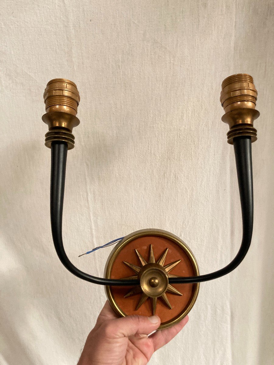 Pair Of Leather And Brass Wall Lights Attributed To André Arbus-photo-3