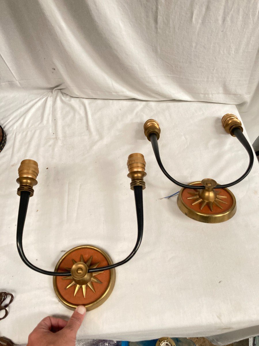 Pair Of Leather And Brass Wall Lights Attributed To André Arbus