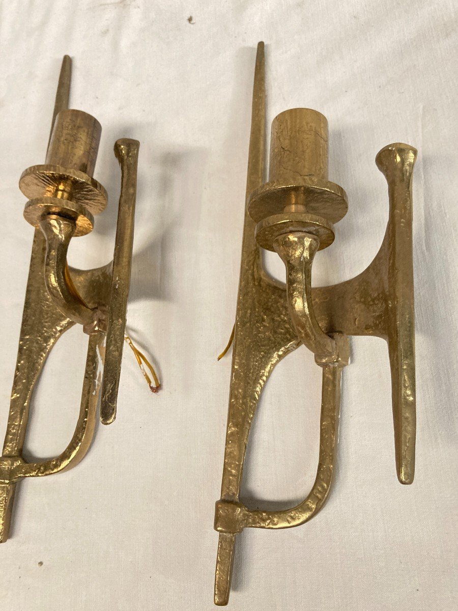 Pair Of Gilded Metal Wall Lights Circa 1970-photo-2