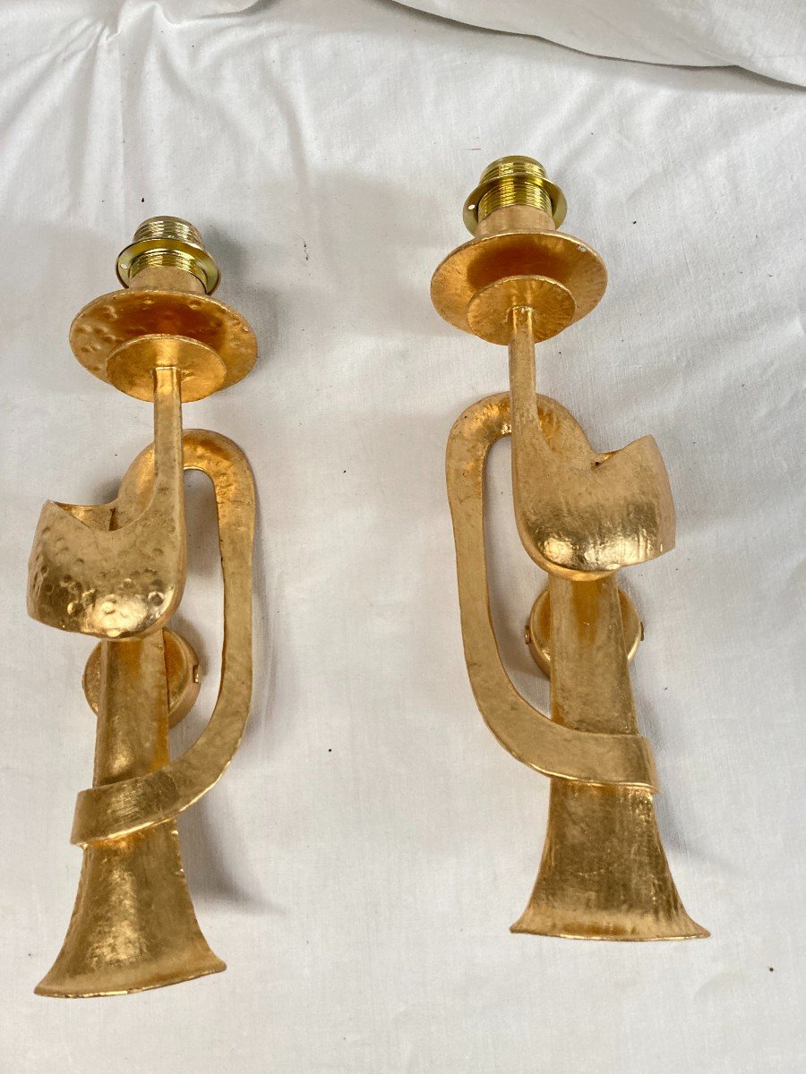 Pair Of Gilded Metal Wall Lights Circa 1970