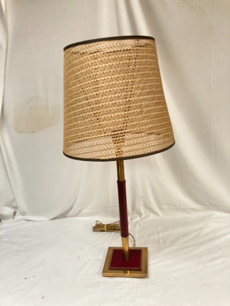 Leather And Bronze Covered Lamp By Jacques Adnet 