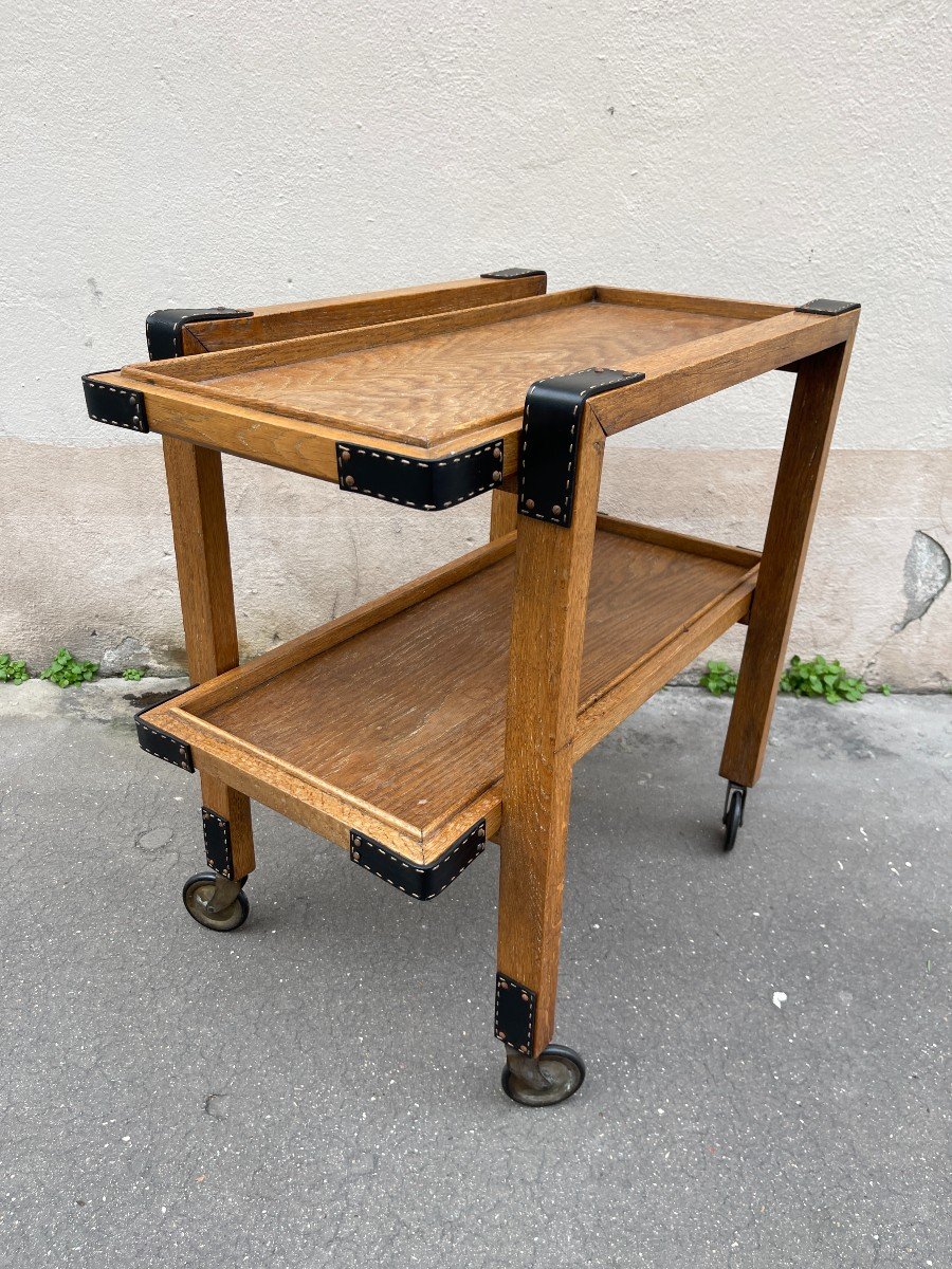 Oak And Leather Rolling Table By Jacques Adnet-photo-2