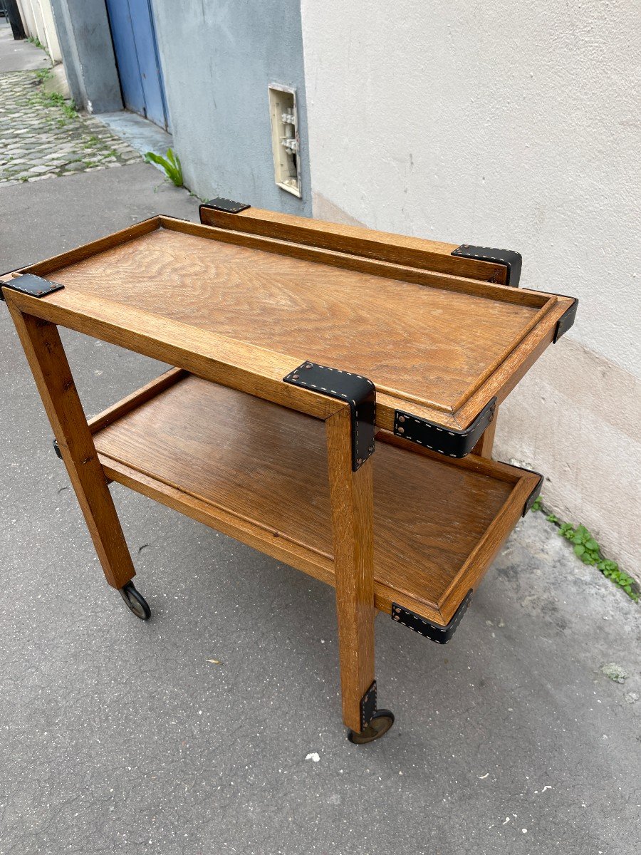 Oak And Leather Rolling Table By Jacques Adnet-photo-3