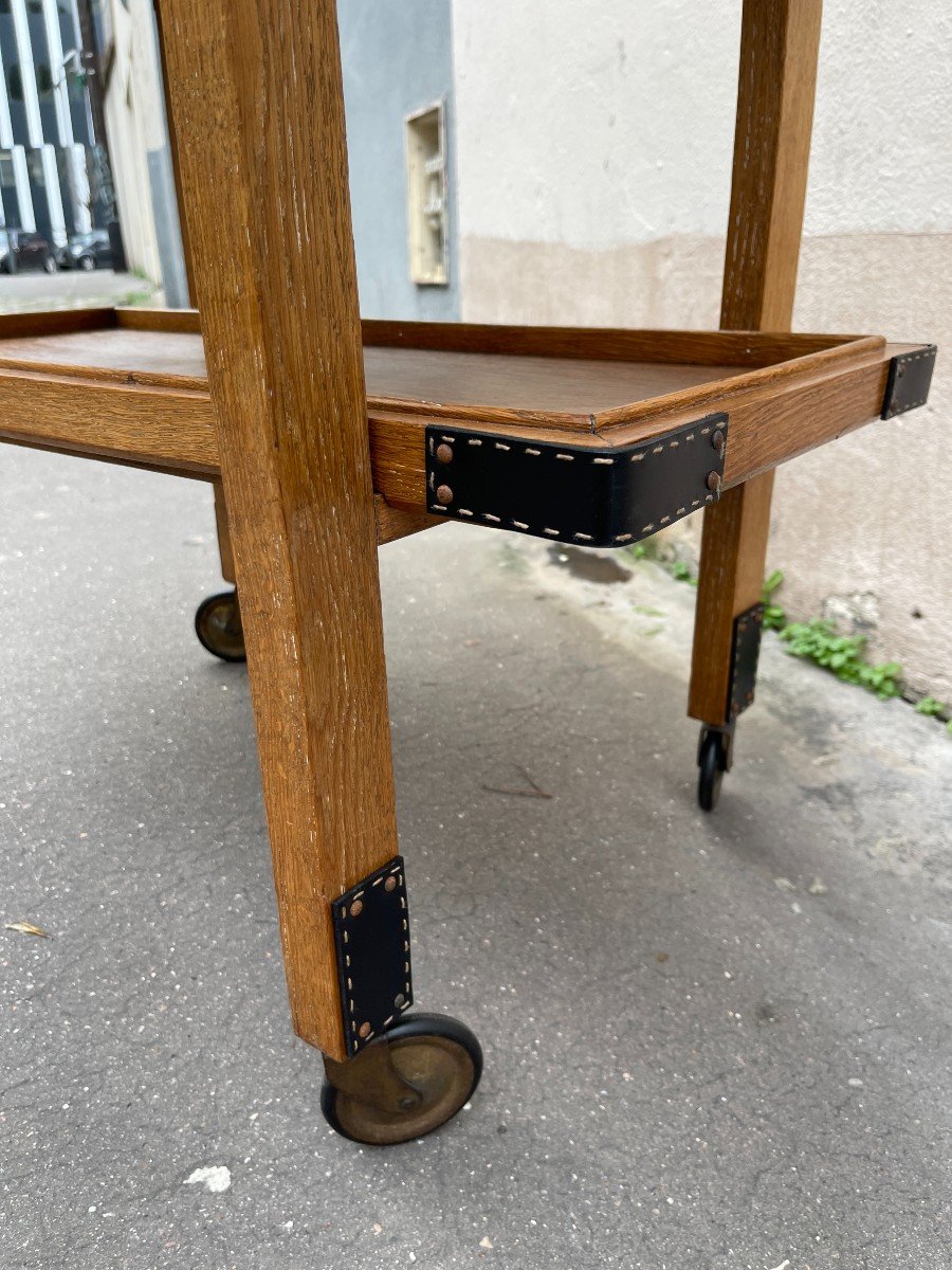 Oak And Leather Rolling Table By Jacques Adnet-photo-4